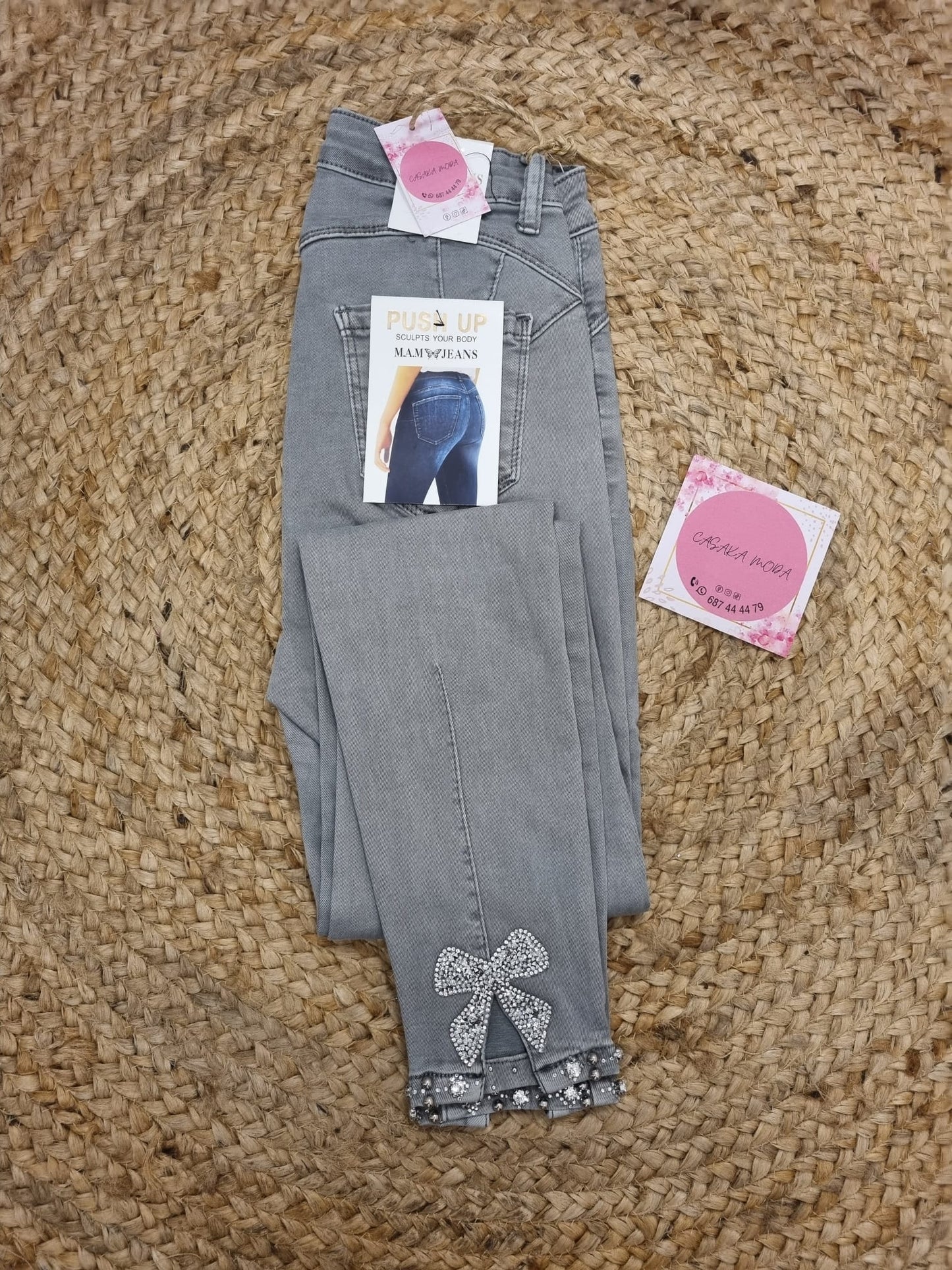 PANTALON PITILLO GRIS/VERDE ADORNO EN LOS BAJOS