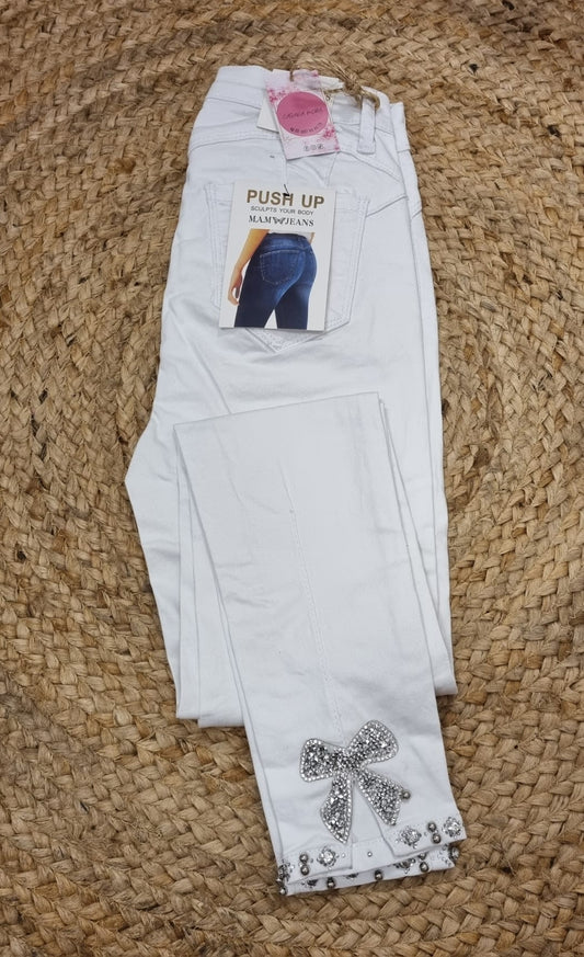 PANTALON PITILLO BLANCO CON ADORNO ABAJO