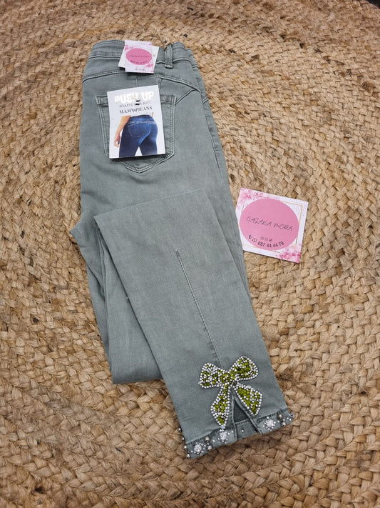 PANTALON PITILLO GRIS/VERDE ADORNO EN LOS BAJOS