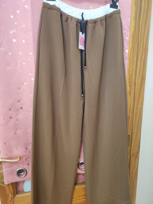 PANTALÓN ANCHO MUJER MARRON CINTURA BLANCA TALLA UNICA